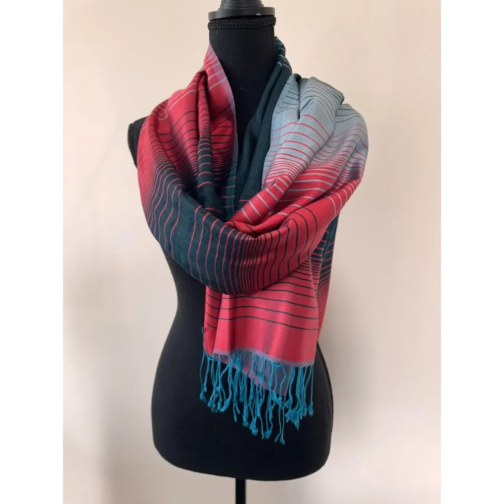 Bulbul Handicraft Silk Wool Blend Scarf from India Teal Red Striped Fringe Wrap